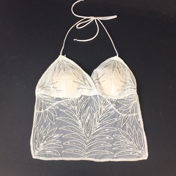 Wet Seal | Tops | Y2k Backless Beaded Halter Top Mesh White Open Back Wet  Seal Xs Palm Leaf | Poshmark